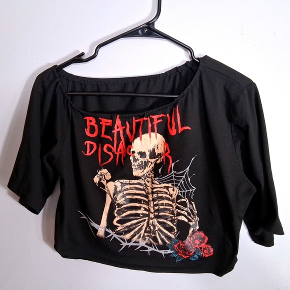 Romwe Beautiful Disaster Skeleton Graphic Off Shoulder Crop Top Black Large - Picture 7 of 7